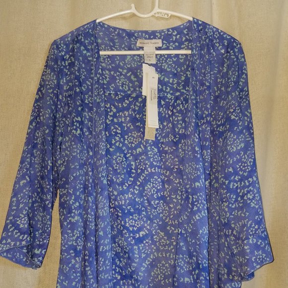 NWT Nomadic Traders L Women's Batik Rayon Lt Wt 3/4 sleeve Wrap Periwinkle/Green - Picture 8 of 11